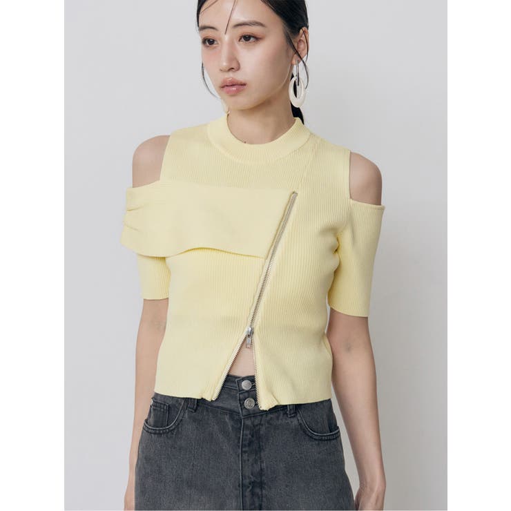 イエロー | ショルダーカットZIPハーフニット | MURUA