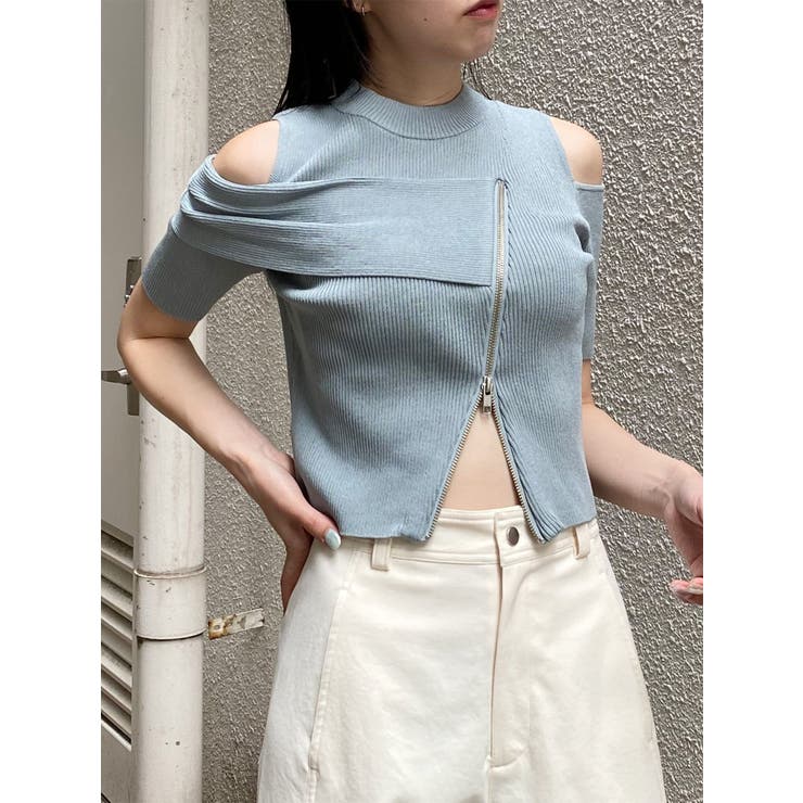 ブルー | ショルダーカットZIPハーフニット | MURUA