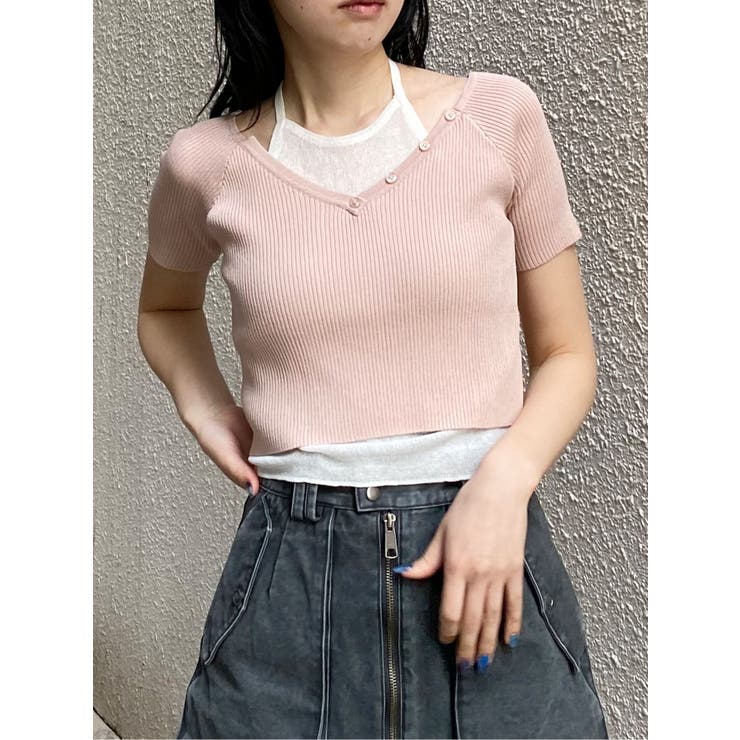 ピンク | レイヤードライクVネックニット | MURUA