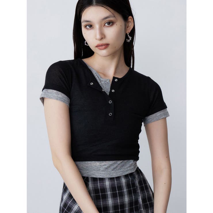 ブラック | ヘンリーネックレイヤードトップス | MURUA