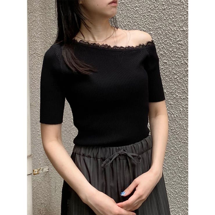 ブラック | レースドッキングワンショルダーニット | MURUA