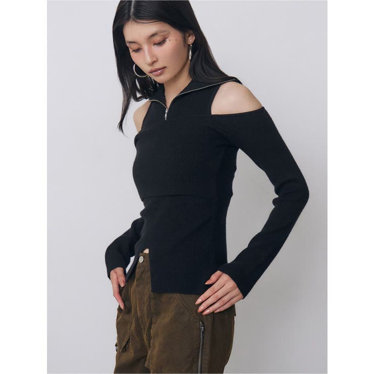 ブラック | オフショルレイヤードZIPニット | MURUA