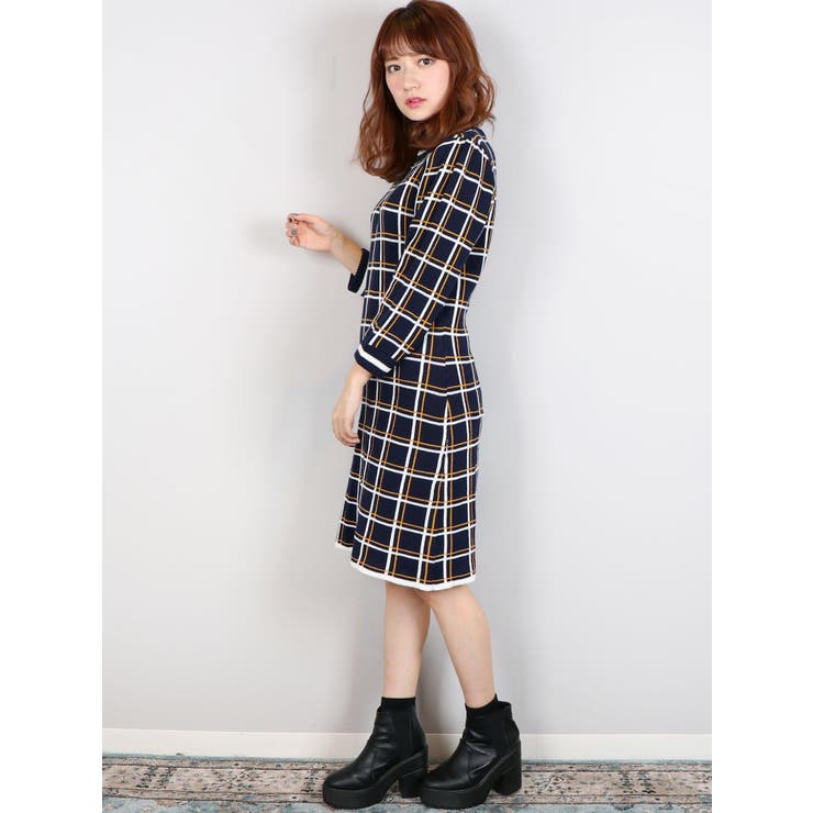 sw】チェックジャカード7分袖ワンピース[品番：MKSW0017488]｜dazzlin