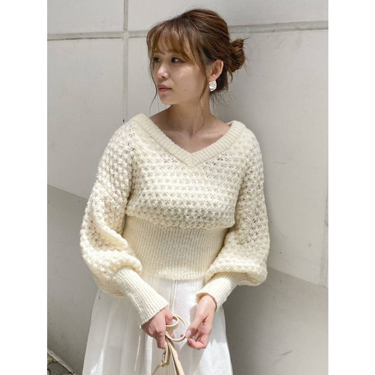 オフホワイト | ポップコーンショートニットトップス | dazzlin