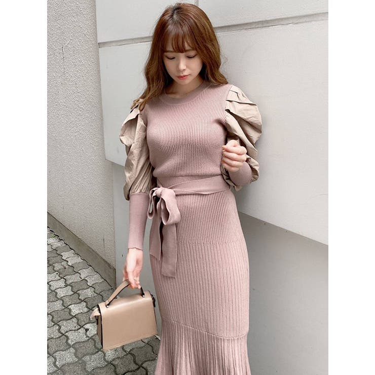 ボリュームコンビマーメイドニットワンピース[品番：MKSW0040881  