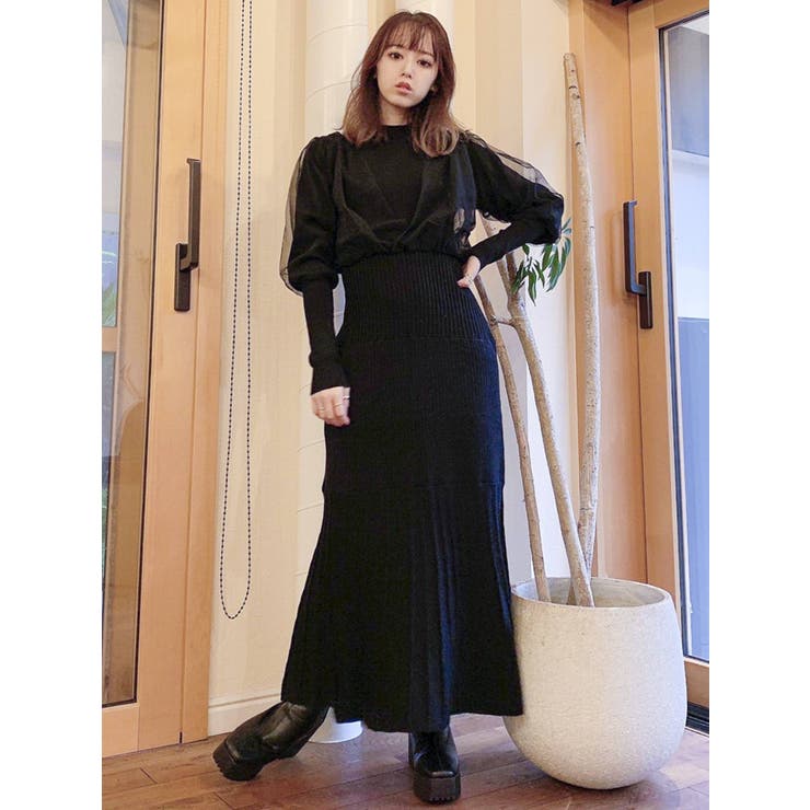 チュールスリーブマーメイドニットワンピース[品番：MKSW0040973