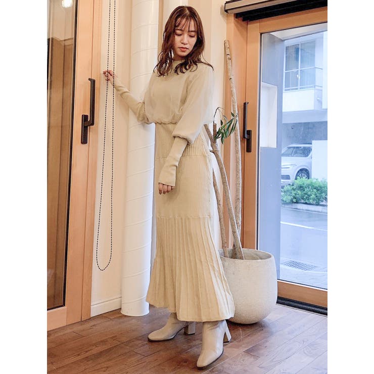 チュールスリーブマーメイドニットワンピース[品番：MKSW0040973  