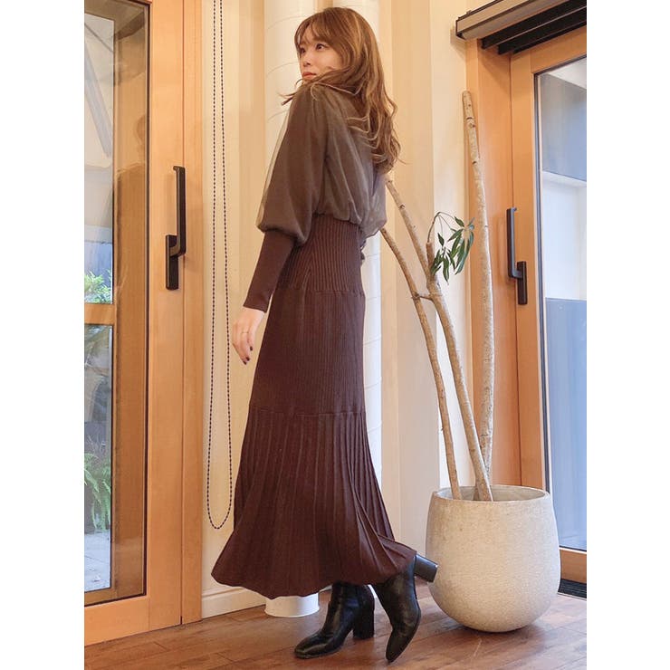 チュールスリーブマーメイドニットワンピース[品番：MKSW0040973