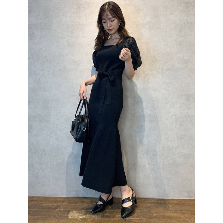 新品未使用 ルネ シアースリーブ ワンピース 34 ブラック セットアップ対応】トリアセダブルジョーゼット シフォン