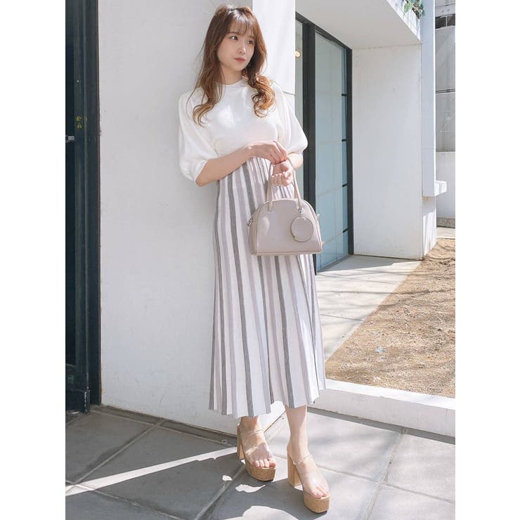 ボーダープリーツ5分袖ニットワンピース[品番：MKSW0045621