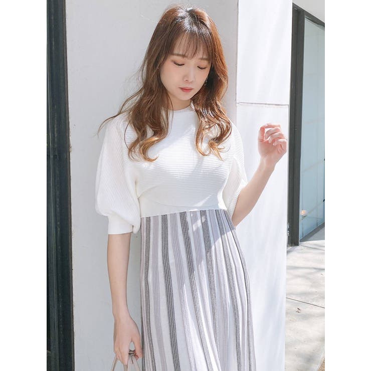 ボーダープリーツ5分袖ニットワンピース[品番：MKSW0045621