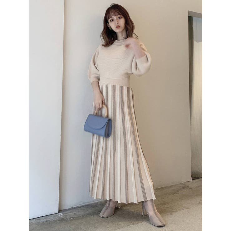 ボーダープリーツ5分袖ニットワンピース[品番：MKSW0045621