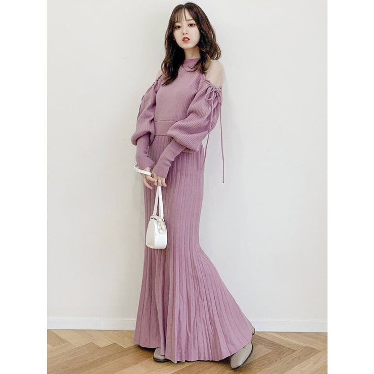 ショルダーリボンセミマーメイドニットワンピース[品番