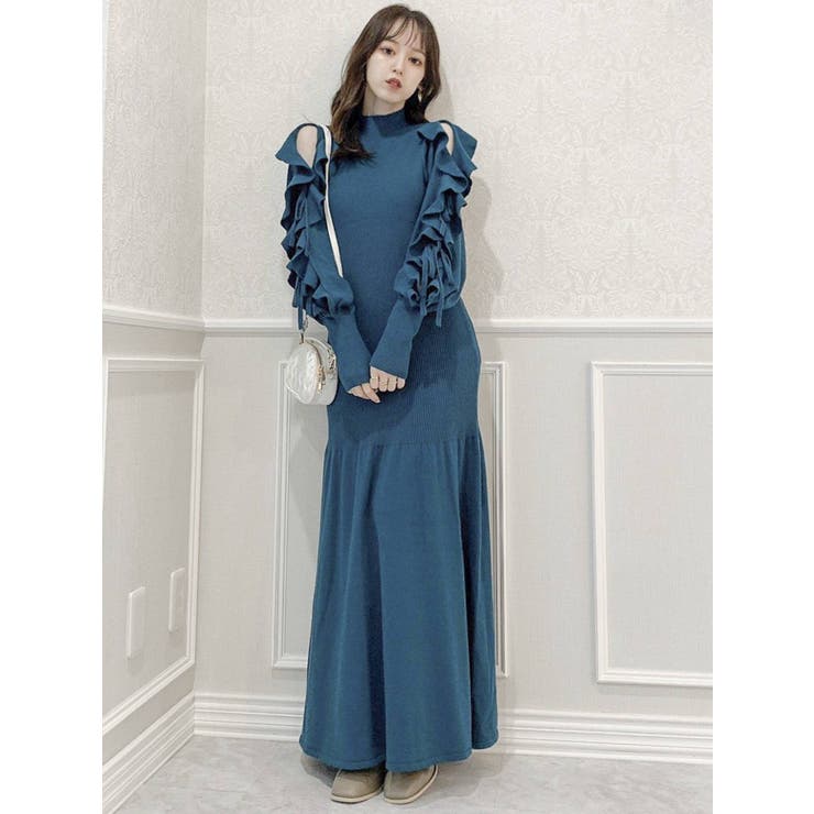 フリルスリーブダブルリボンニットワンピース[品番：MKSW0046503