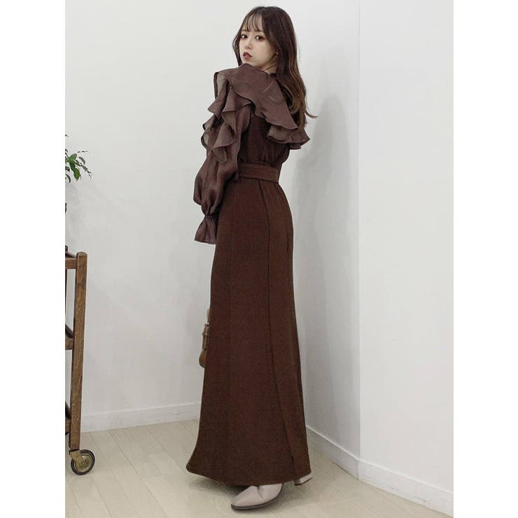 DAISYLIN パーフェクトレディ ドッキングワンピース 42 ラッフルカラー付長袖ドッキングカットリブワンピース[品番