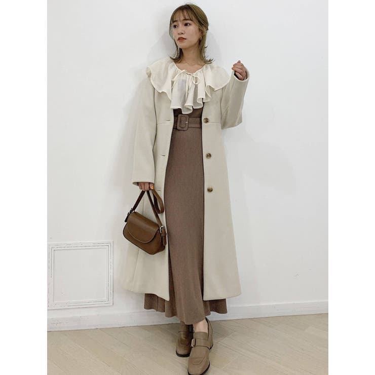 ラッフルカラー付長袖ドッキングカットリブワンピース[品番