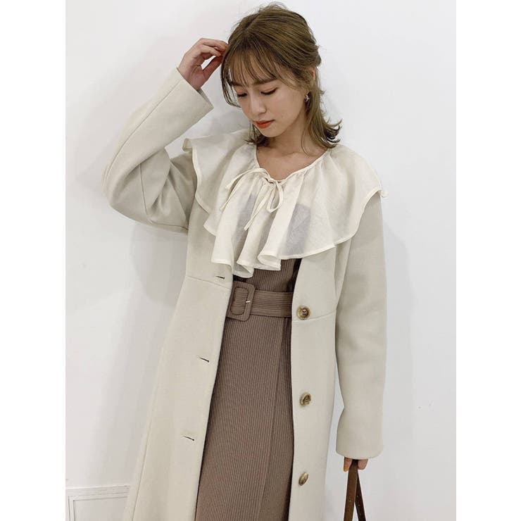 ラッフルカラー付長袖ドッキングカットリブワンピース[品番