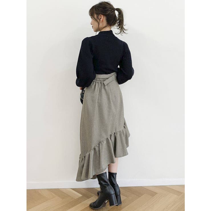 ★ELF SACK★ 不規則なフリル デザイン スカート/送料込 りぼん付きギンガムチェックラッフルフリルラップフィッシュ