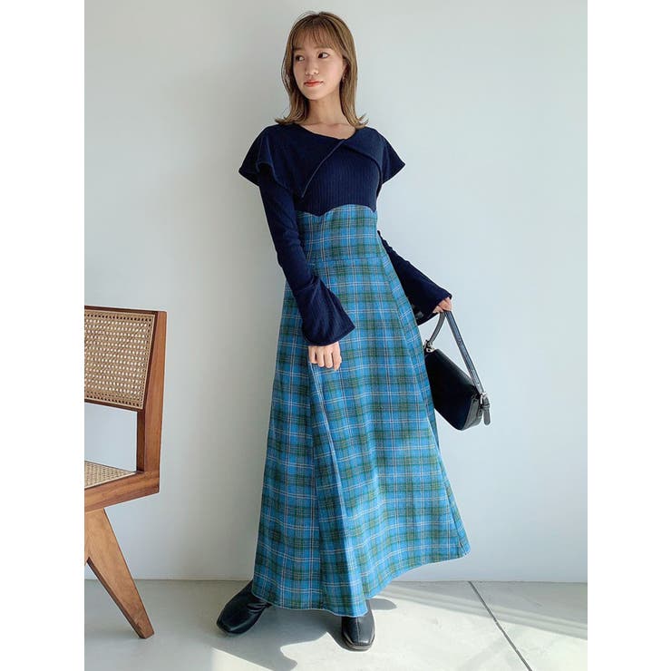 ビッグカラーチェックコルセットワンピース[品番：MKSW0047926