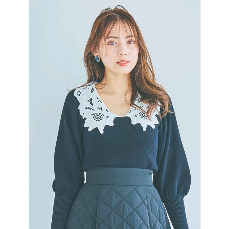 レースカラーコンパクトニットトップス[品番：MKSW0048386]｜dazzlin