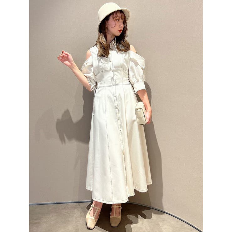 アイボリー | オープンショルダーデニムステッチワンピース | dazzlin