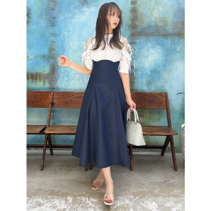 お歳暮 人気 オシャレ フリルコルセットフレアワンピース[品番：MKSW0050110]｜dazzlin ワンピース