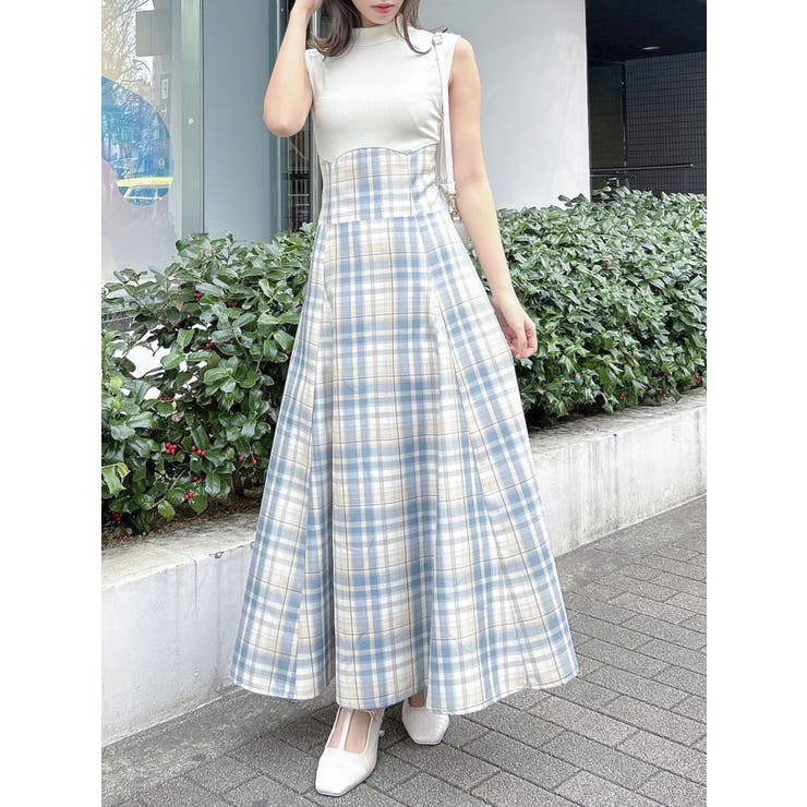 WEB限定ITEM】チェックノースリーブコルセットワンピース