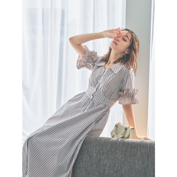 WEB限定カラーあり】ストライプスリーブシャツワンピース[品番