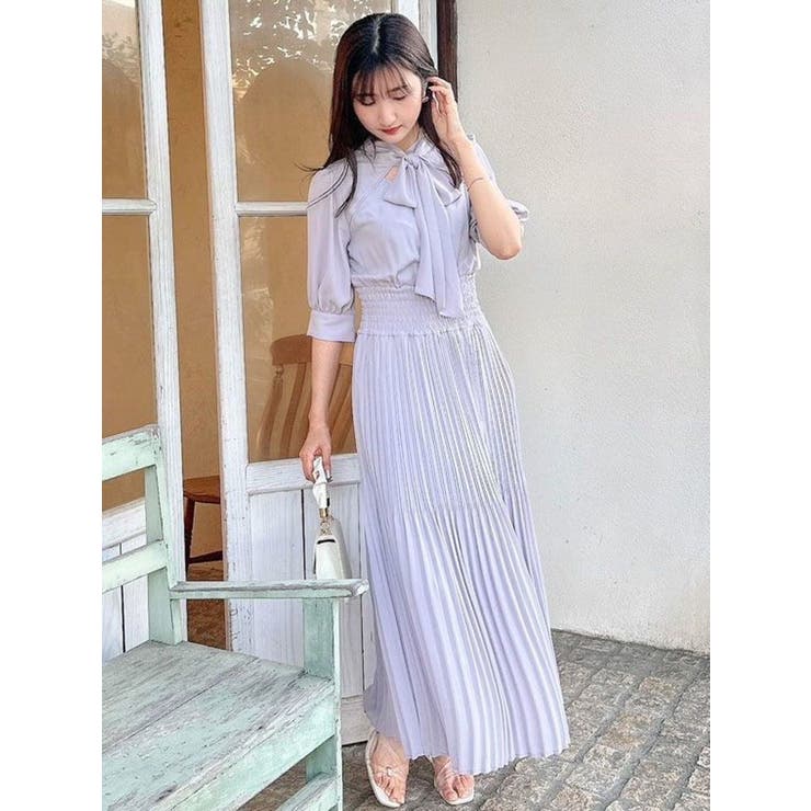 ストライプフラワープリーツワンピース[品番：MKSW0050302