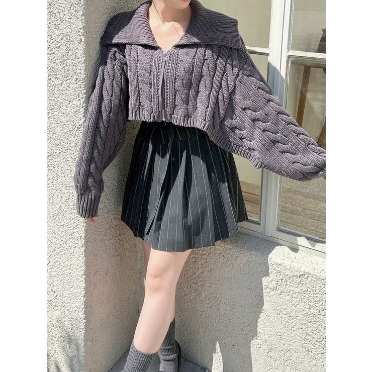 DIDDI MODA リボン ビッグカラー リブニット ジップカーディガン