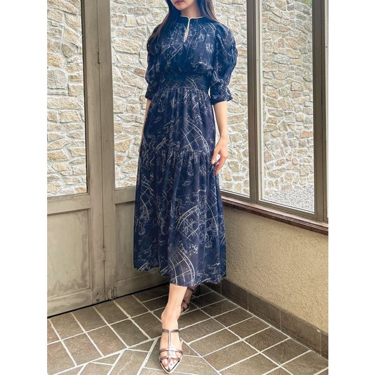 コスモ柄シフォンワンピ /NAVY