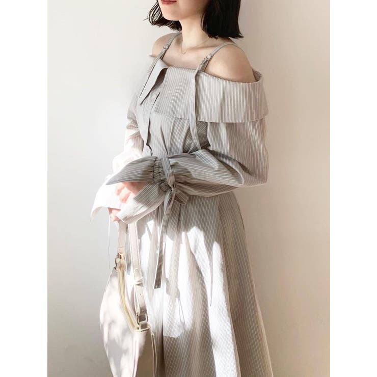 dazzlin シャツワンピース ウエストタックオフショルシャツ