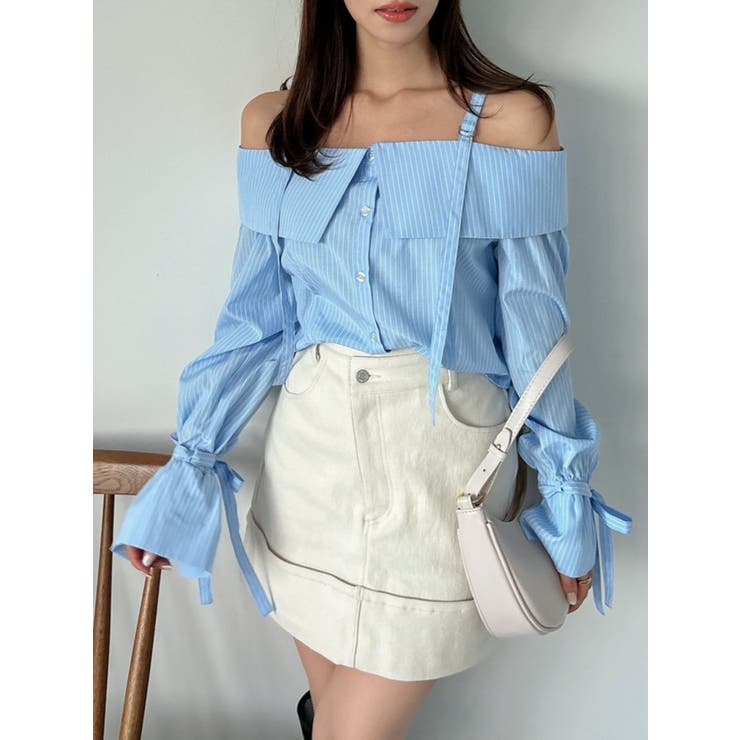 ブルー | キャンディースリーブオフショルシャツブラウス | dazzlin