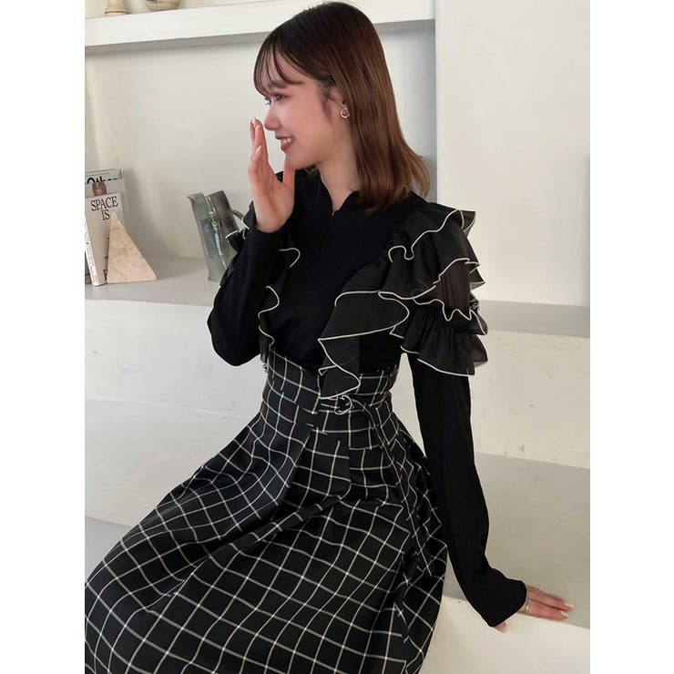 ブラック | フロントホック長袖フリルトップス | dazzlin