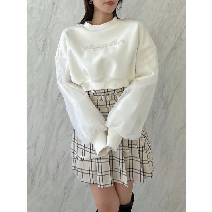 オフホワイト | チュールスリーブパールロゴトップス | dazzlin