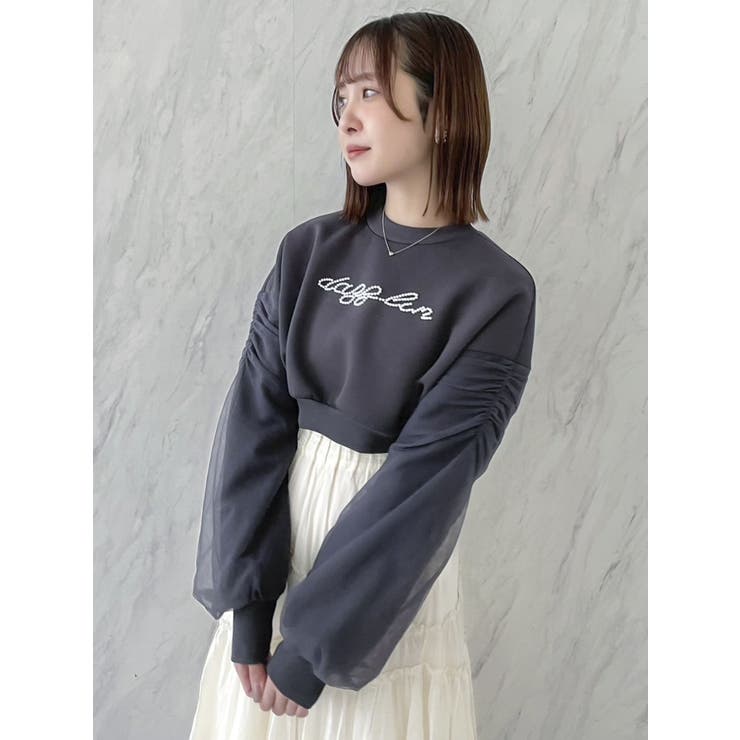 チャコールグレー | チュールスリーブパールロゴトップス | dazzlin