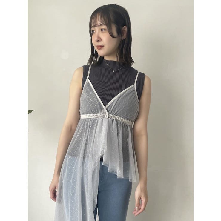 チュール刺繍アシメロングキャミ[品番：MKSW0056878]｜dazzlin