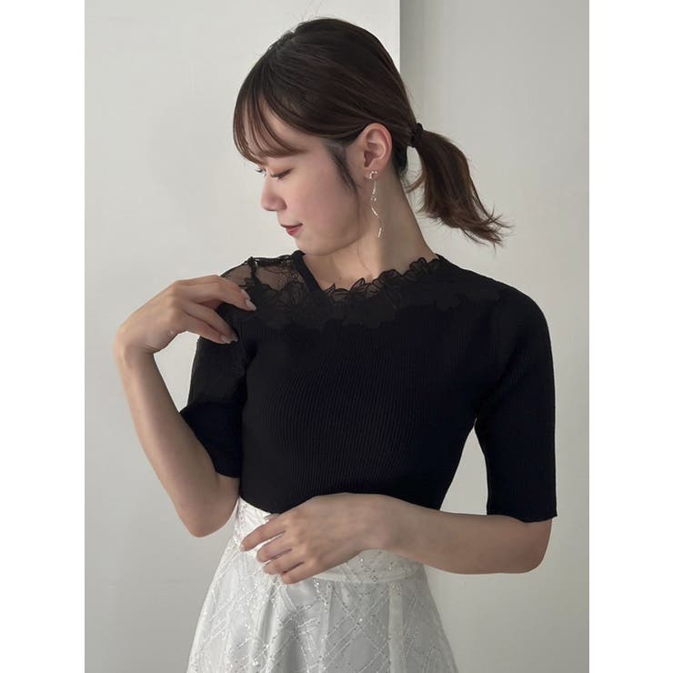 tシャツ 「INSTANTFUNK」エンブロイダリー ショートスリーブ ニットトップ レディース アシメエンブロイダリーニットトップス[品番：MKSW0056719