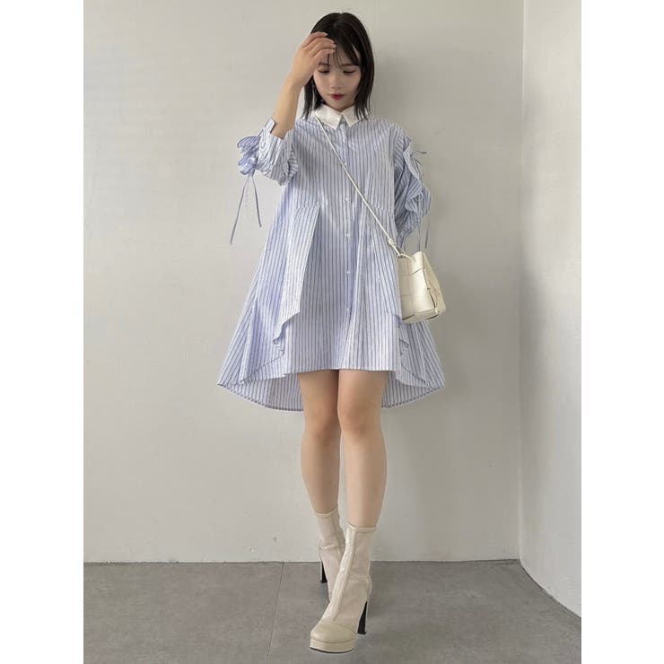 5分袖シャツイレフレアミニワンピース[品番：MKSW0057998