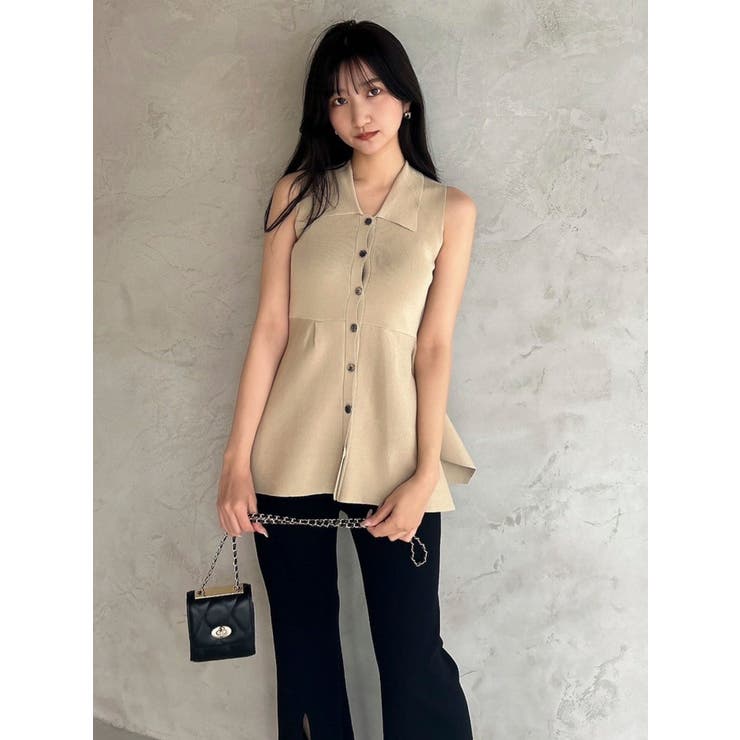 M-PREMIERフリルデザインペプラムニットジレ ライトブラウン 38サイズ