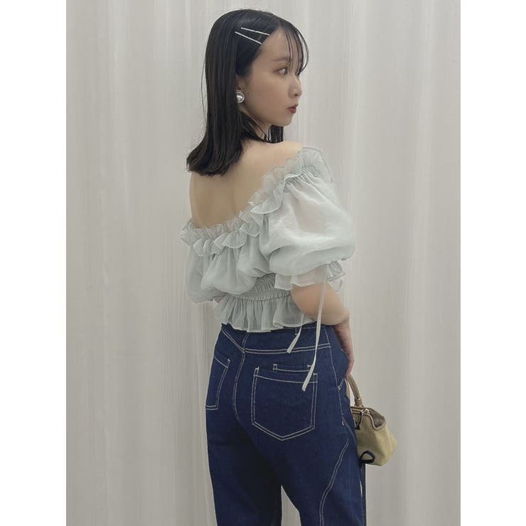 25SS✨タグ付き✨YONFA オーガンジータイブラウス　シャーリング　洗える 147_ichi_yon_nana】フラワーオーガンジーブラウス（インナー