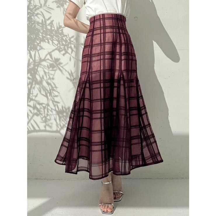 レッド | シアーチェックセミフレアースカート | dazzlin