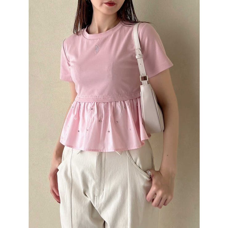 ピンク | バックリボンビジューペプラムTシャツ | dazzlin