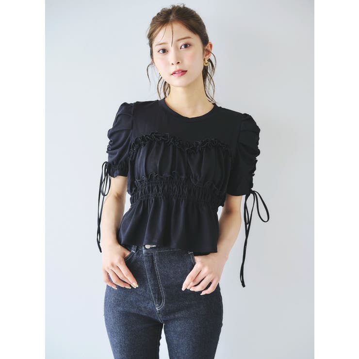 フリルギャザーデザインTシャツ[品番：MKSW0059817]｜dazzlin