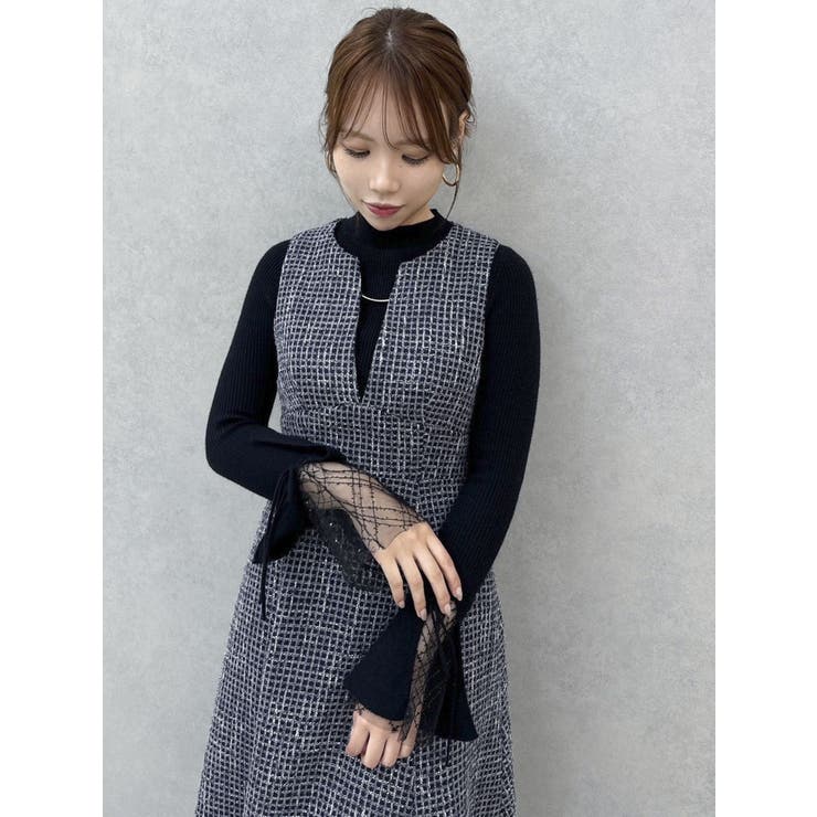 【新品タグ付き】dazzlin ディープネックツイードジャンスカ ブラック M 新品タグ付き】dazzlin ディープネックツイードジャンスカ