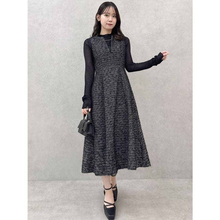 【新品タグ付き】dazzlin ディープネックツイードジャンスカ ブラック M ディープネックツイードジャンスカ[品番：MKSW0059824]｜dazzlin