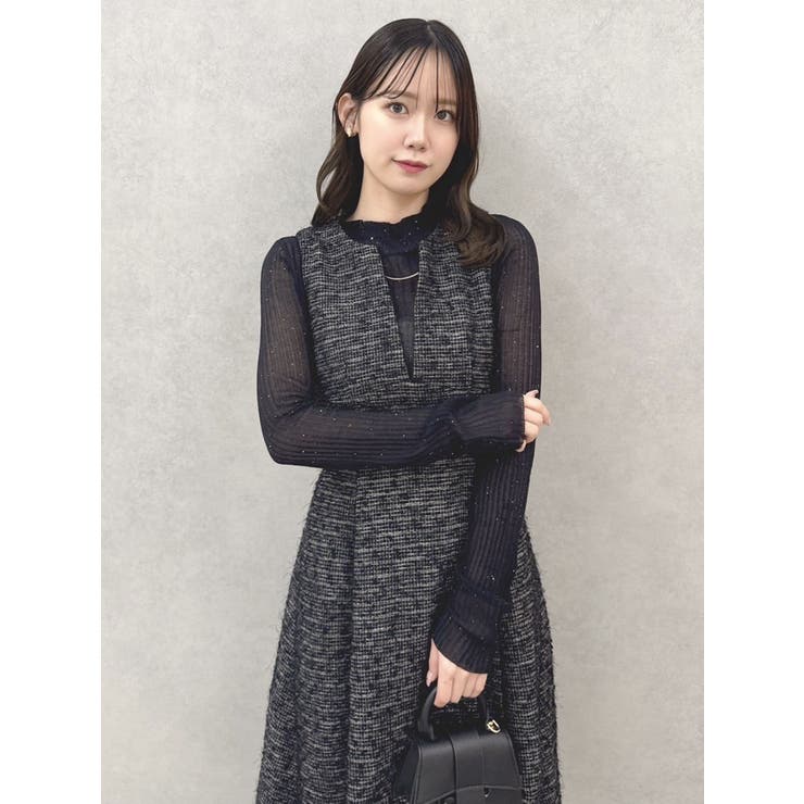 【新品タグ付き】dazzlin ディープネックツイードジャンスカ ブラック M 新品タグ付き】dazzlin ディープネックツイードジャンスカ