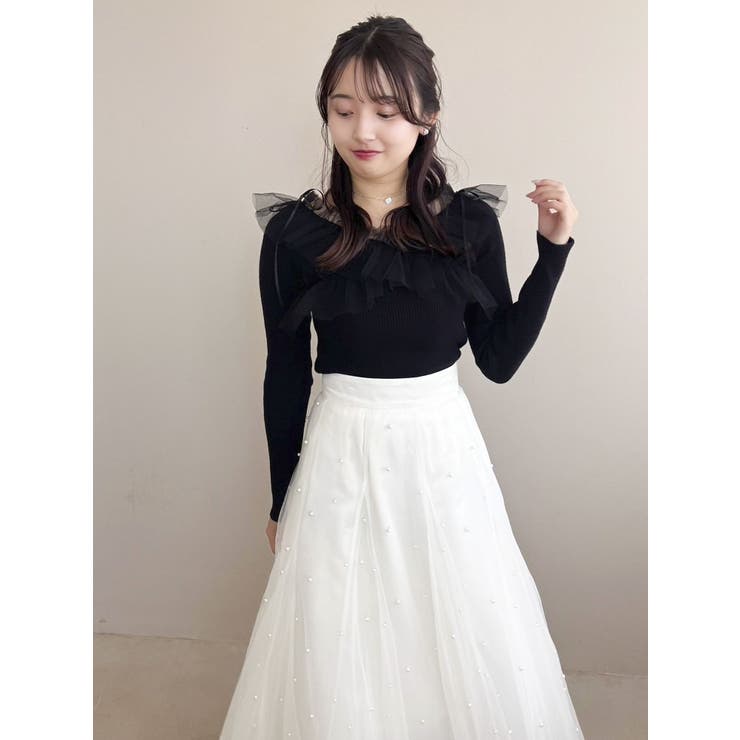 リボンチュールオフショルニットトップス[品番：MKSW0060753