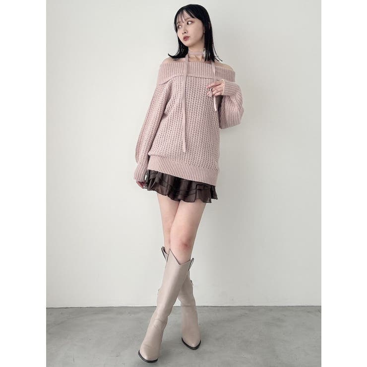 ワッフルオフショルコサージュニット[品番：MKSW0059839