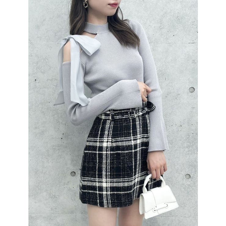 ワンショルリボンニットトップス dazzlin グレー ワンショルリボンニットトップス[品番：MKSW0060490]｜dazzlin